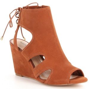 Gianni Bini Tan Camelid Suede Laceup Wedge Sandals